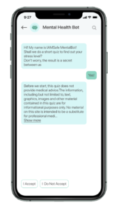 Screen with a light mode interface showing chat with mental health bot